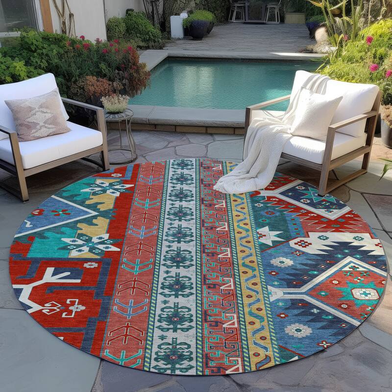 Machine Washable Indoor/ Outdoor Boho Tribal Chantille Rug - Red - 8' x 8'