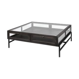 HomeRoots Square Glass Top Wood And Black Metal Base Display Coffee Table W 2 Drawers - 42