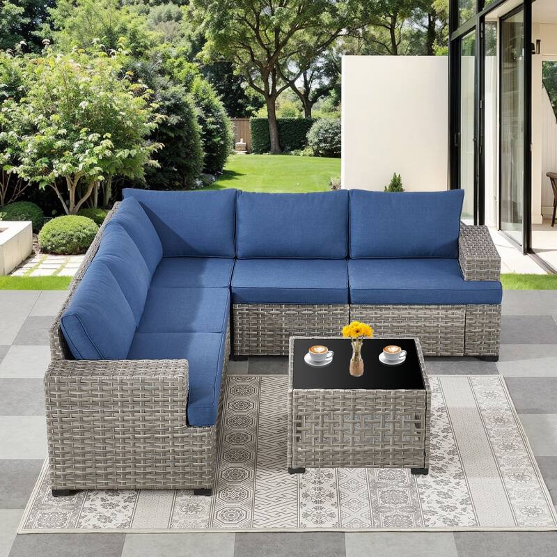 Pocassy Outdoor Sectional Sofa Patio Furniture Sets with Thickened Cushions - Blue Cushion - Sofa with Coffee Table Combination 1