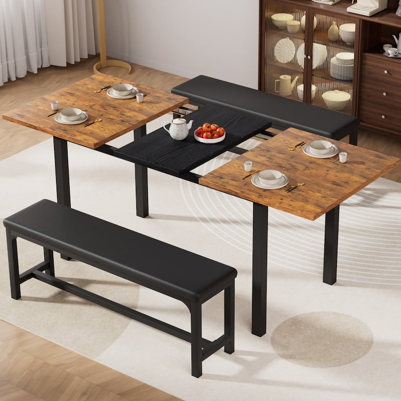 VECELO 3-Piece Extendable 63" Dining Table Set with 2 PU Leather Benches for 4-8 Dining Room Detachable 6-Pocket Storage Bag