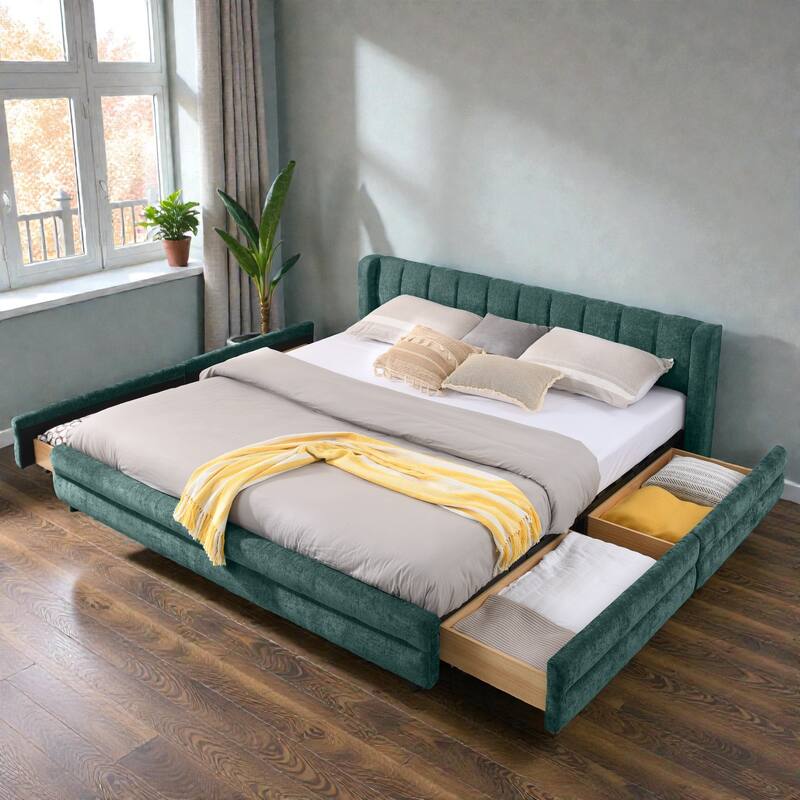 King Upholstered Bed Frame with Chenille Fabric, Soft Headboard and Underbed Storage Drawer, Modern Platform Design