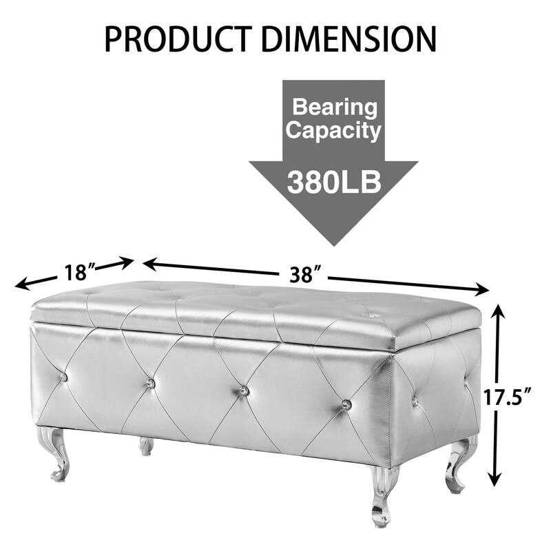 Storage Bench Leisure Stool with Safety Hinged Flap, End of Bed Decorative Bench with Crystal Buttons and Metal Legs