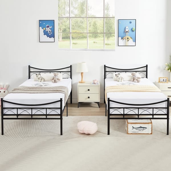 slide 2 of 9, VECELO Metal Platform Kids Bed Frame with Headboard,Twin Size Bed Set of 2 Black