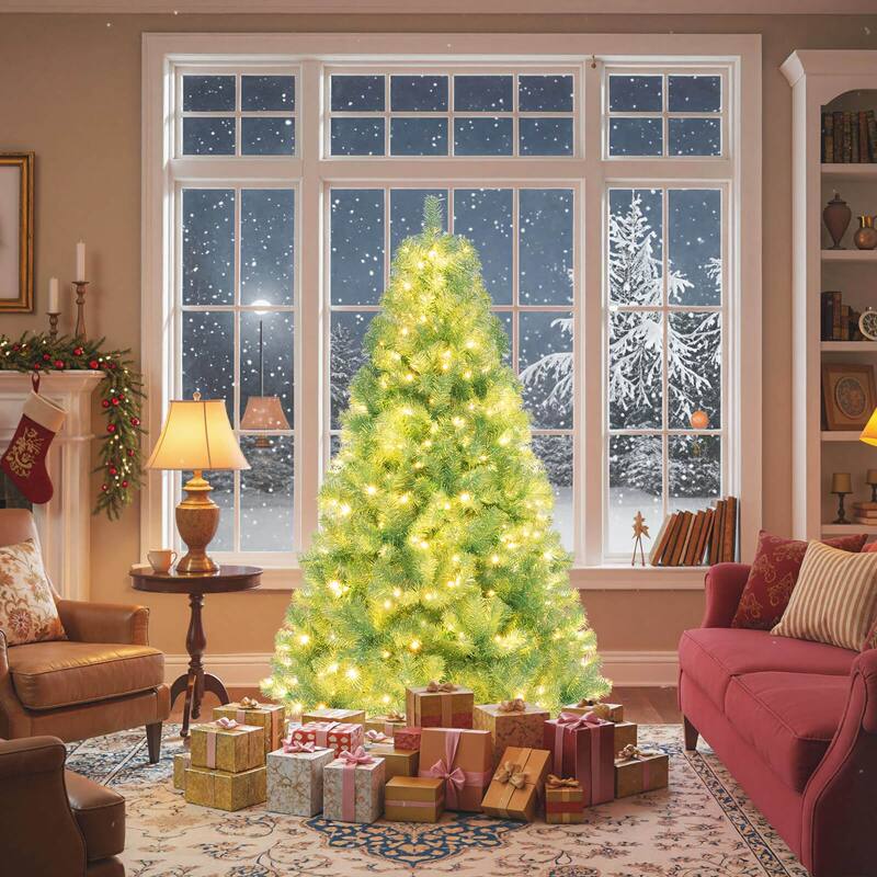 Costway 6.5 FT/7.5 FT Artificial Xmas Tree with 250/550 White LED - See Details - Fruit green-6 FT - 6 Foot