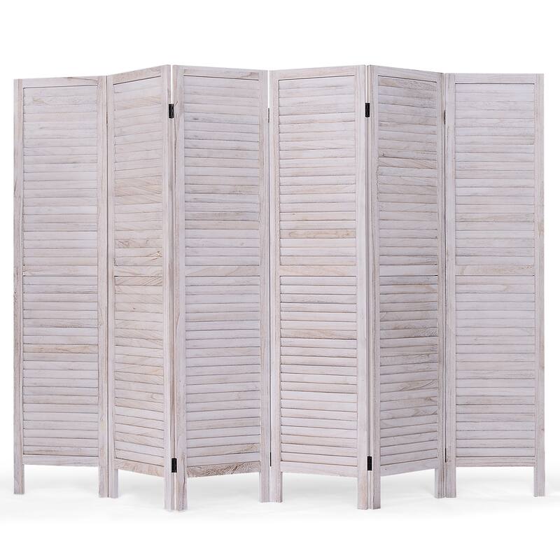 Six Panel Wooden Room Divider Screen with Louvered Slats - 96.0" x 0.8" x 67.0"(L x W x H)