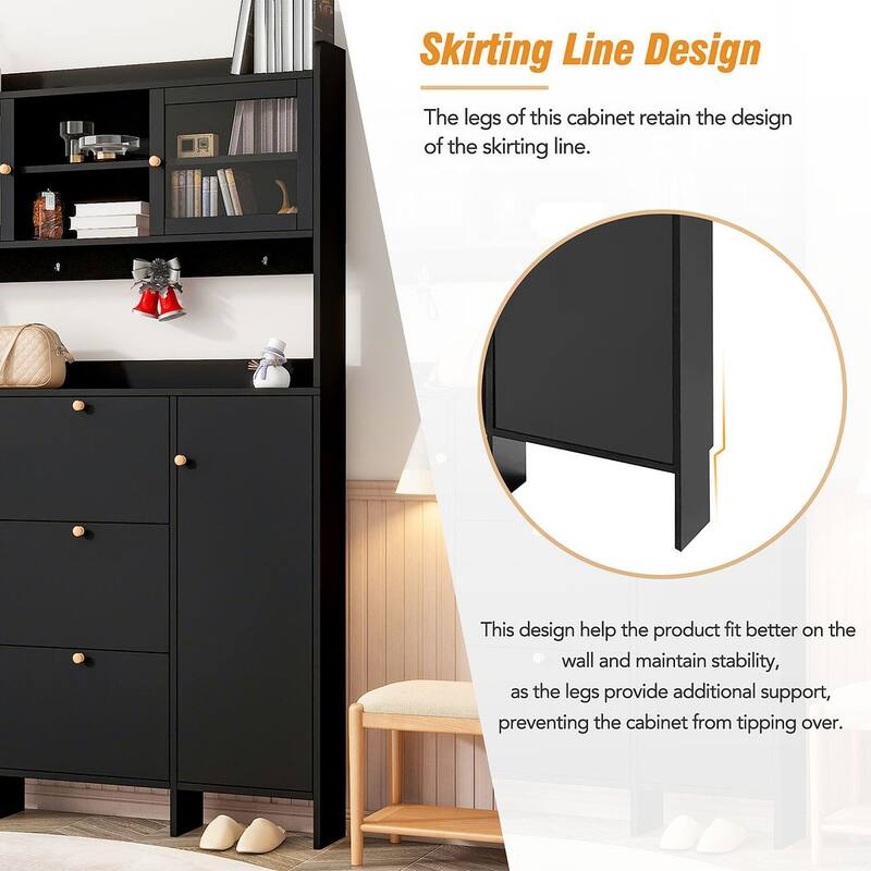 Hall Tree and Shoe Storage Bench with Flip Drawers and Doors