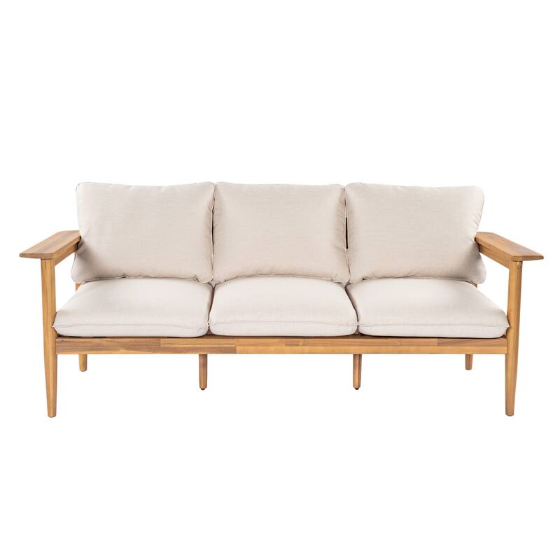 Roomfitters Terassi Outdoor Acacia Wood 3 Seater Sofa with Cushions, Light Teak Finish and Beige