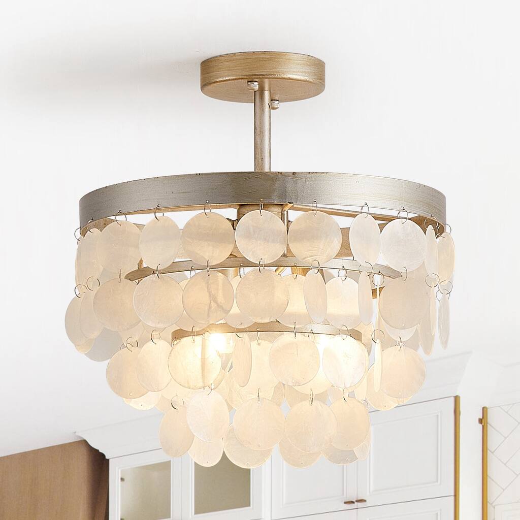 13.8-in Coastal 2-Light White Capiz Shell Semi-Flush Mount Ceiling Light - 13.8" W x 14.8" H