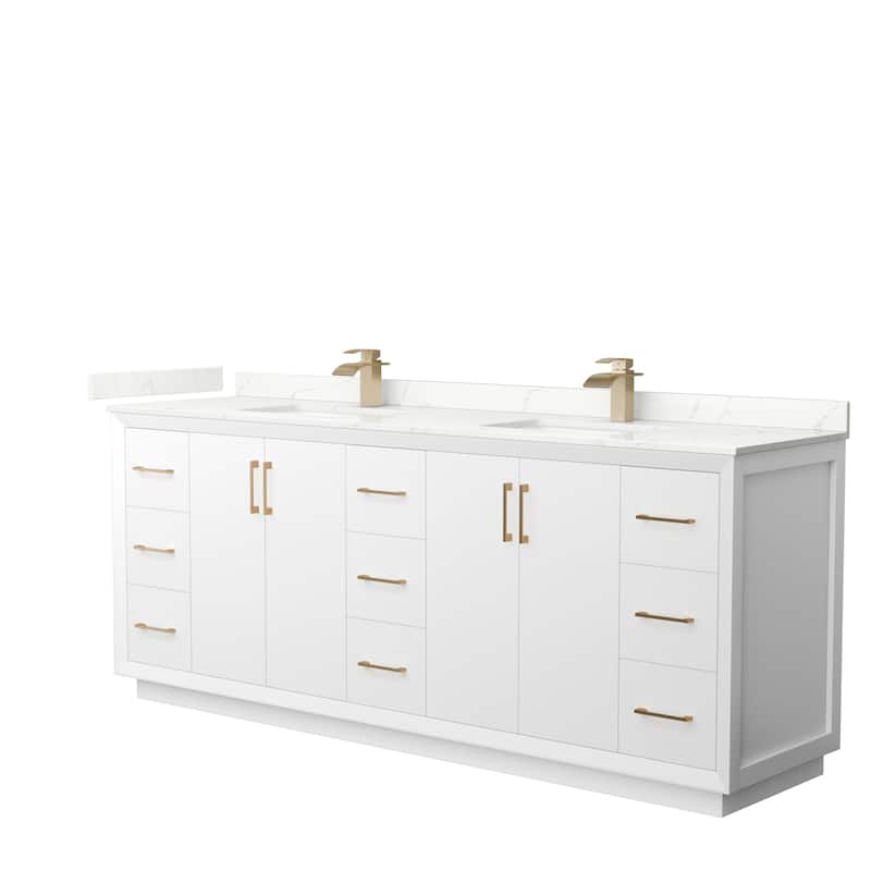 Strada 84-inch Double Vanity, Quartz Top - White, Bronze Trim, Giotto Quartz Top