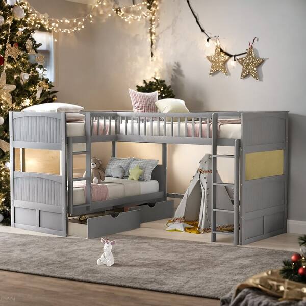 slide 2 of 22, Modern Twin Size Bunk Bed With A Loft Bed Attached,With Two Drawers,For 3 Persons for Bedroom Grey