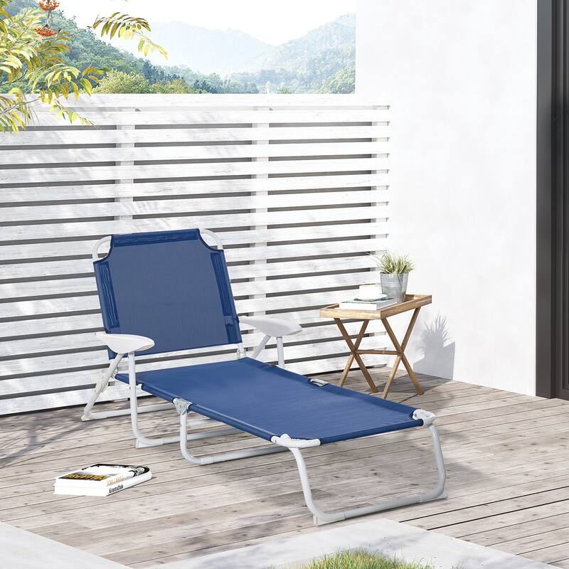 Folding Outdoor Chaise Lounge Chair with 4-Position Adjustable Backrest and Armrests for Beach Poolside or Patio