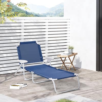 Outdoor Folding Chaise Lounge with 4-Position Reclining Back, Armrests, Metal Frame & Mesh Fabric