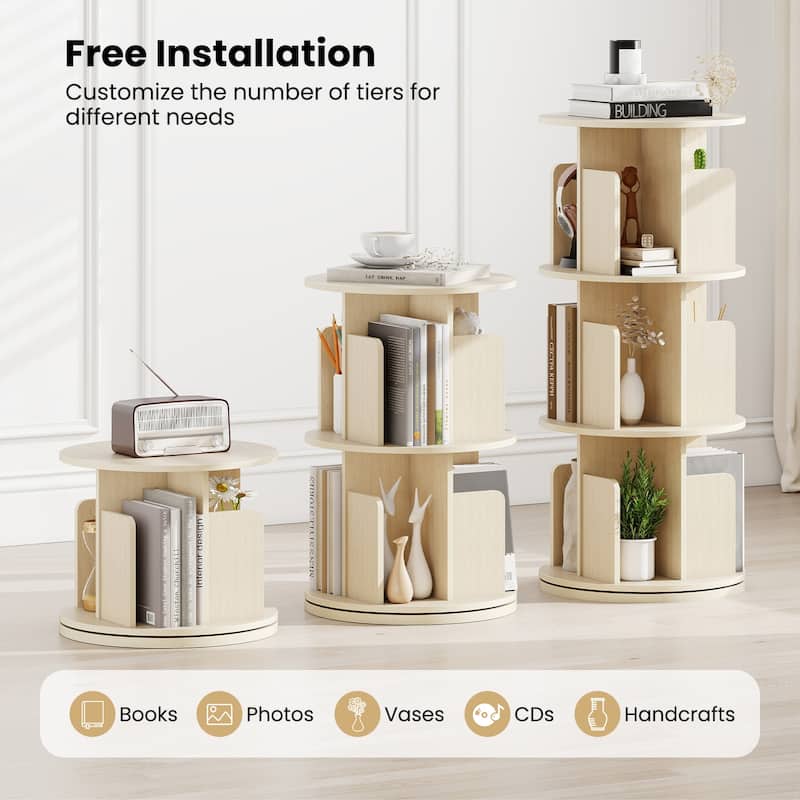 Space-Saving 3-Tier Rotating Bookshelf Storage Rack Tower with Divided Shelves Ideal for Photos or Decor - 15.5" x 15.5" x 38.5"