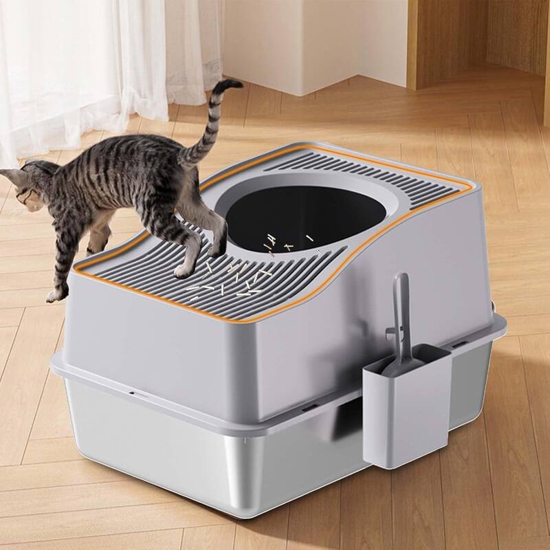 Stainless Steel High Sided Cat Litter Box, Enclosed Removable Covered - Grey - 60*40*39.5cm