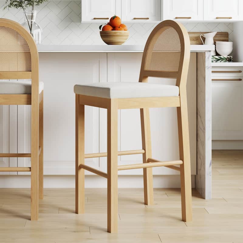 Bailey Boucle Upholstered Rattan Bar Stool or Counter Height Stool with Natural Rattan Woven Back For Kitchen Island - Single - Cream/Warm Pine - Bar Height - 29-32 in.