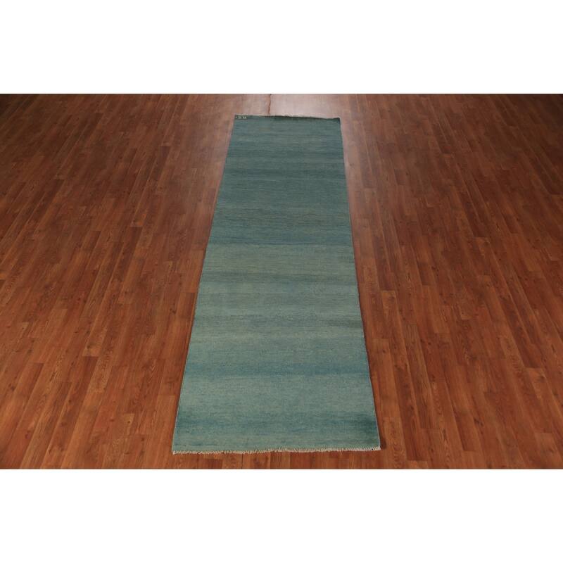 Blue & Green Modern Gabbeh Runner Rug Handmade Wool Carpet - 3'0" x 9'8"