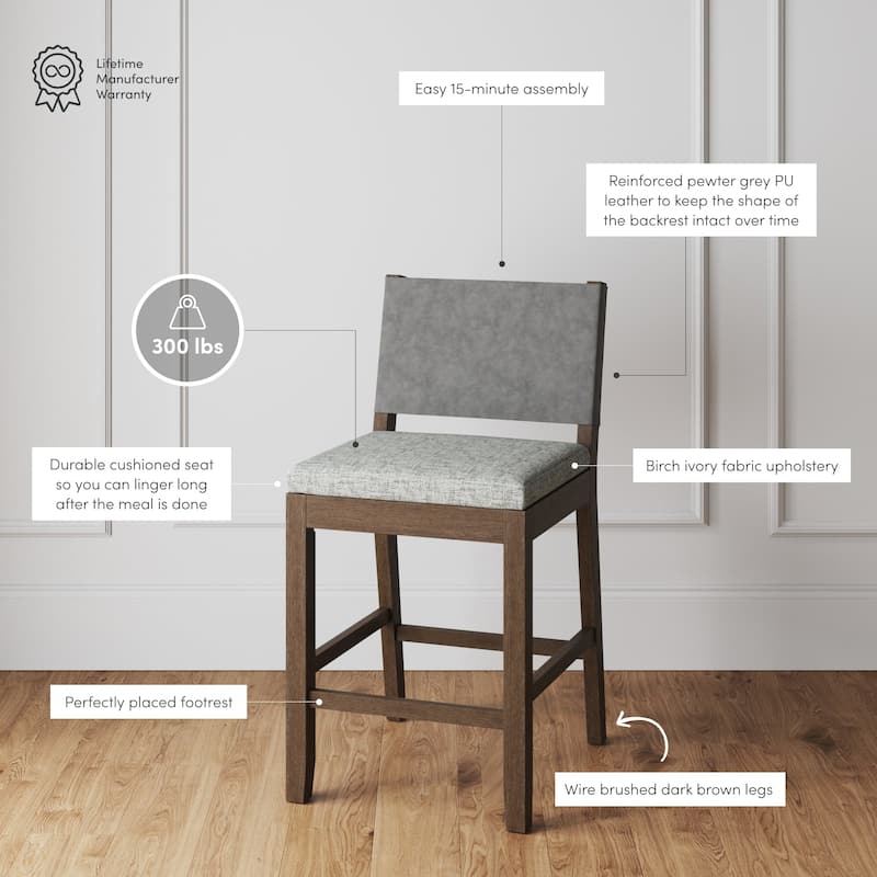Nathan James Linus Modern Upholstered Bar Stool with Back and Solid Rubberwood Legs