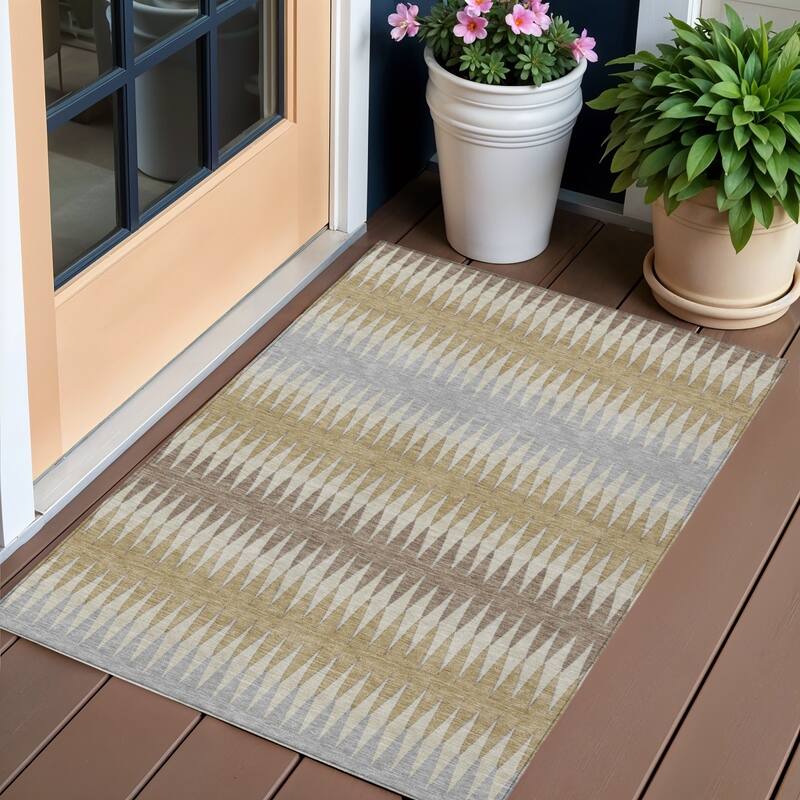 Beige Gray And Brown Striped Washable Indoor Outdoor Area Rug - 3' x 5' - 3' x 5' - Beige/Brown/Grey