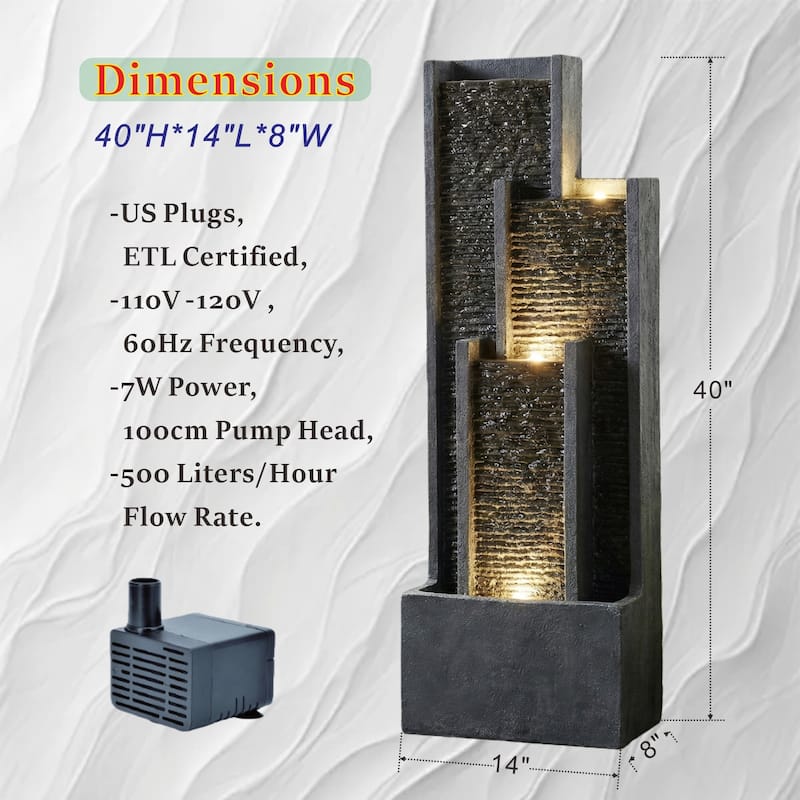 GDFStudio - Modern 40" Outdoor/Indoor Water Fountain with Floor-Standing Curved Cascading Waterfall & LED Lights