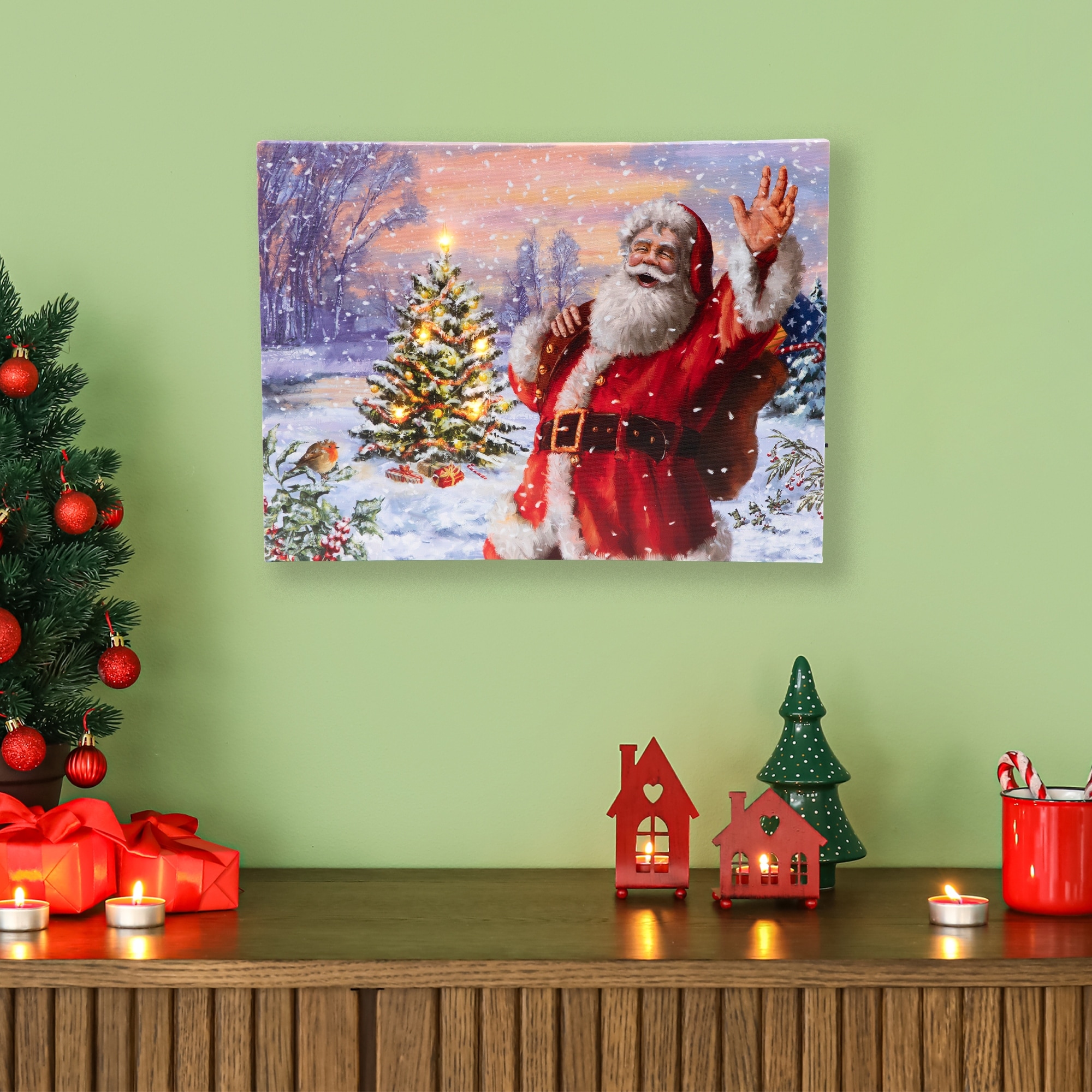 Lighted Santa with Christmas Tree Canvas Wall Art 11.75" x 15.75"