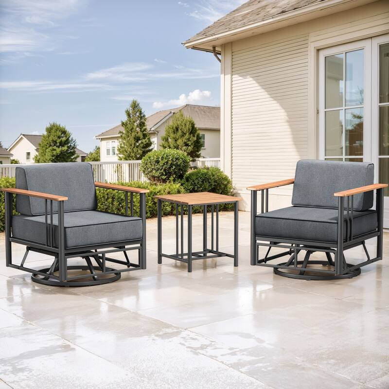 Puffin 3-Piece Black Metal Swivel Gliders Set with 6-Inch Thick Dark Gray Cushions and Side Table