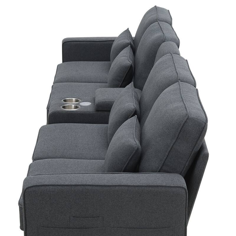 114.2" Modern Linen Fabric Sectional Sofa with Central Console, 2 Cupholders and Charging Station,4 Pillows