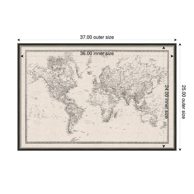 Kate and Laurel Framed Fabric Pinboard Vintage Black and White Linen World Map Wall Organization