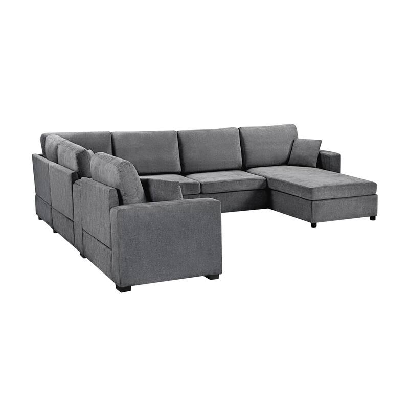 Modern 5-Seat Modular U-Shaped Sectional Sofa with Chaise, Storage Drawer, Built-In Cup Holders and Throw Pillows