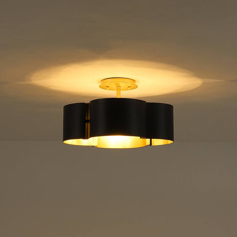 Art Deco 4-Light Black Gold Iron Flower Cage Semi Flush Mount - 14.2 inches