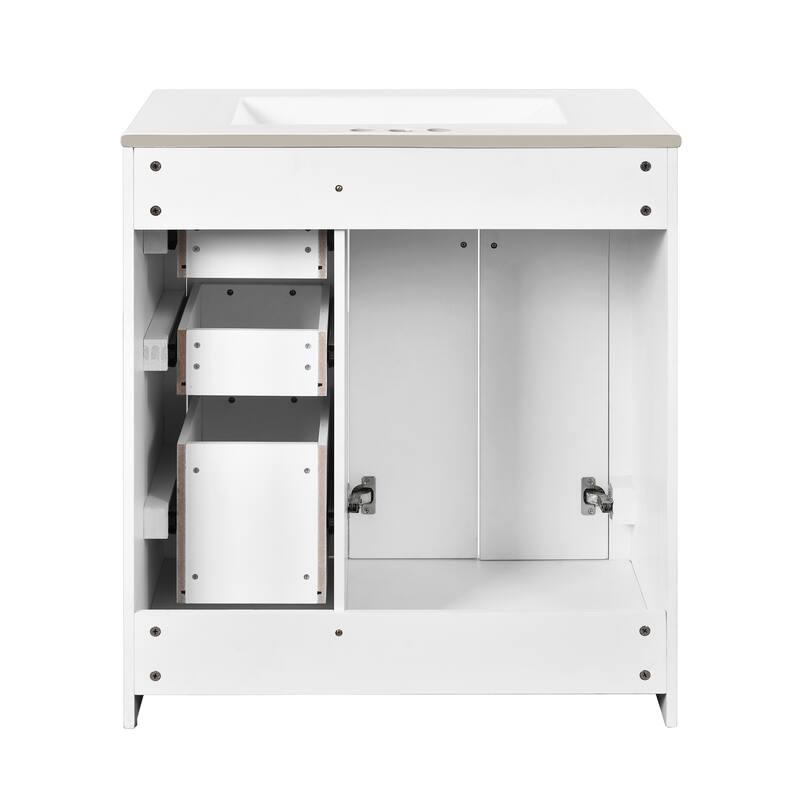 Roomfitters 30" Vanity with Ceramic Sink, Solid Wood Freestanding Cabinet with 3 Drawers and Soft Closing Doors