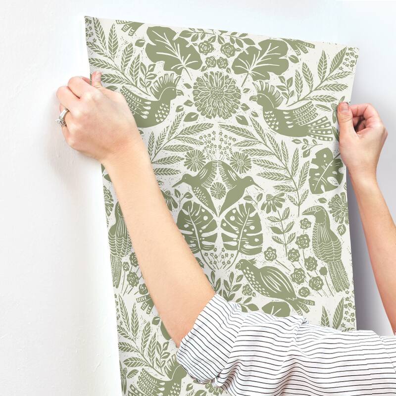 A-Street Prints Nestle Green Bird Block Print Wallpaper