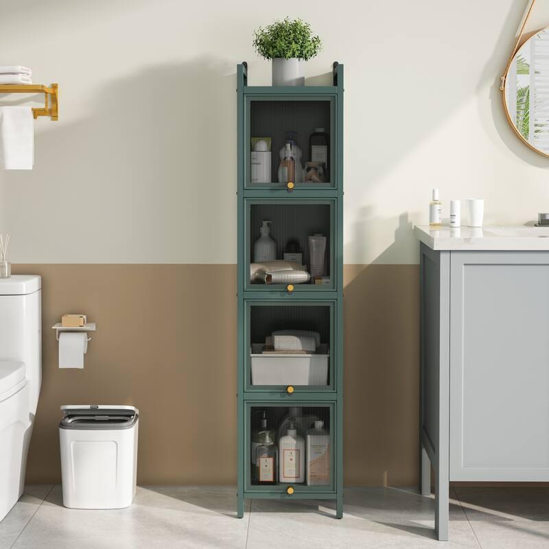 Modern Glass Door Cabinet with Featuring Storage, for Entryway Living Room Bathroom Dining Room - Dark Green-Four-tier