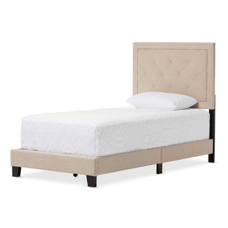 Twin Size Tufted Bed - Linen Upholstered Platform Bed - Modern Coastal Craftsman Design - Beige Bed Frame