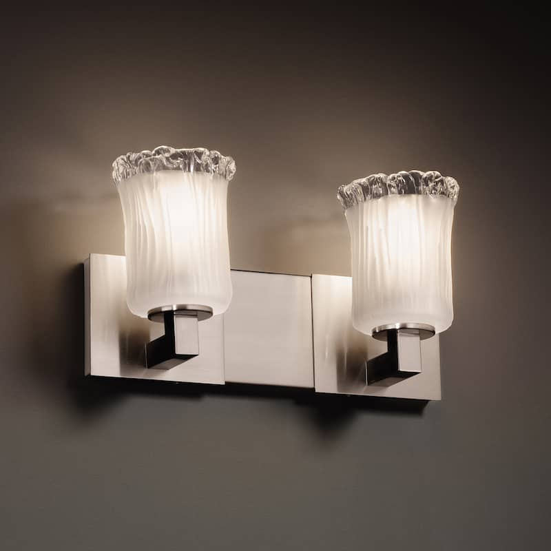 Justice Design Veneto Luce Modular 2-light Brushed Nickel Bath Bar, White Frosted Cylinder - Rippled Rim Shade - Silver