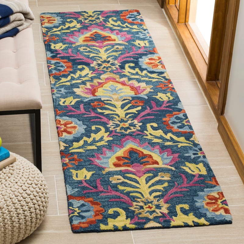 SAFAVIEH Handmade Suzani Merily Boho Tribal Wool Rug - 2'3" x 10' Runner - Blue/Multi