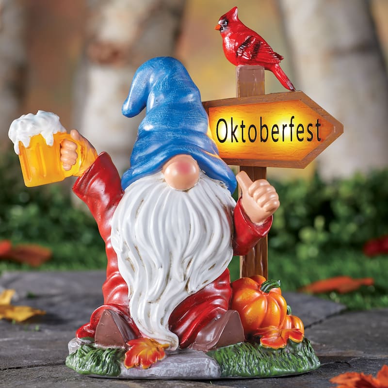 Solar Powered Oktoberfest Gnome Garden Statue - 7.5 x 8.25 x 4 - Red - 7.5 x 8.25 x 4 - Resin