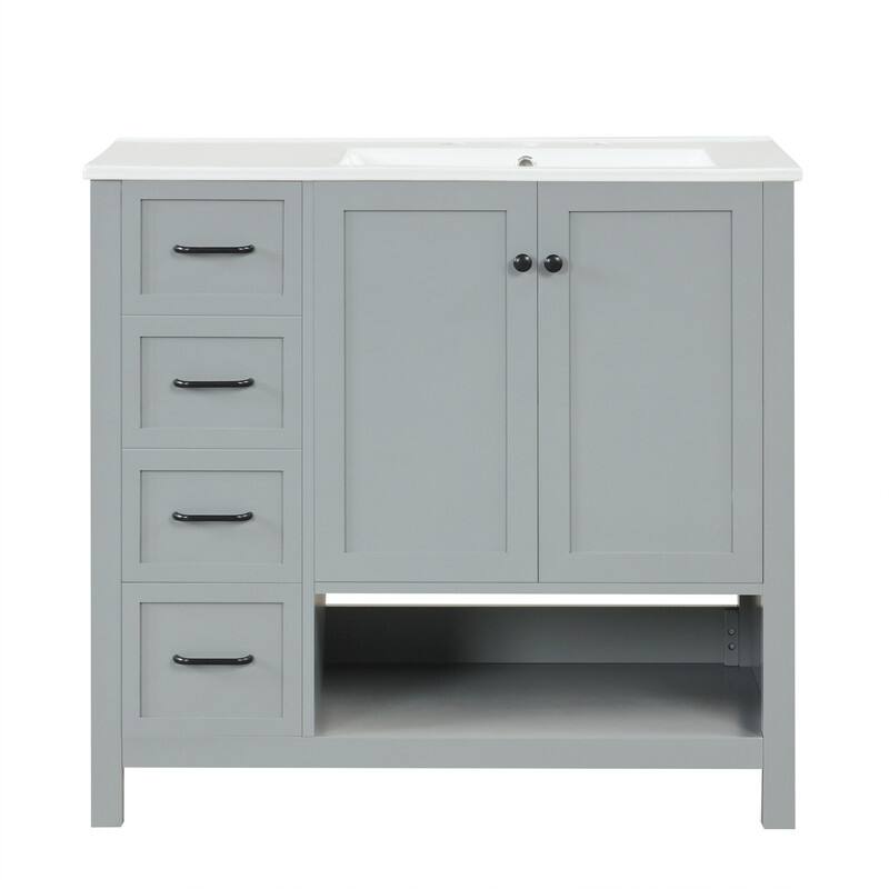 36"W Bathroom Vanity with Ceramic Top, Bathroom Vanity with Drawer Divider, Freestanding Cabinet with Open Shelf