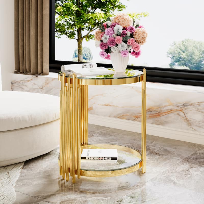 19.8" Modern Transparent Glass End Table for Living Room, Round, Asymmetrical Metal, Gold Finish & Lower Shelf