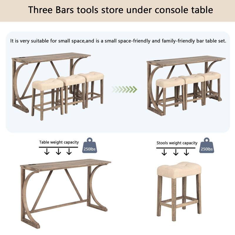 4 Piece Rubber Wood Dining Bar Table Set with 3 Padded Stools and Power Outlet
