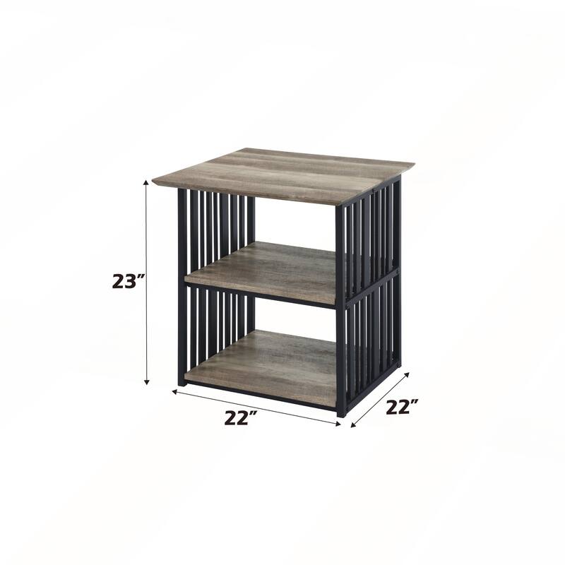 Antique Oak & Black Finish Nightstand with Industrial Style and Spacious Open Compartments
