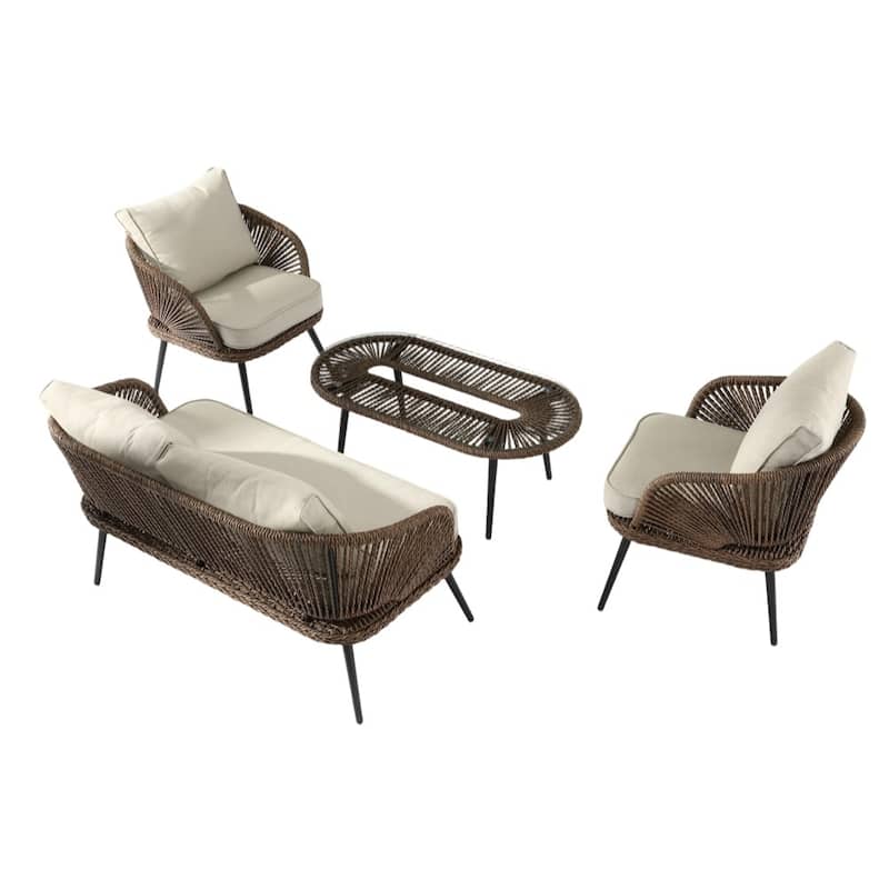 4-Person Outdoor Wicker Patio Conversation Seating Set with Coffee Table, Weather-Resistant Cushions