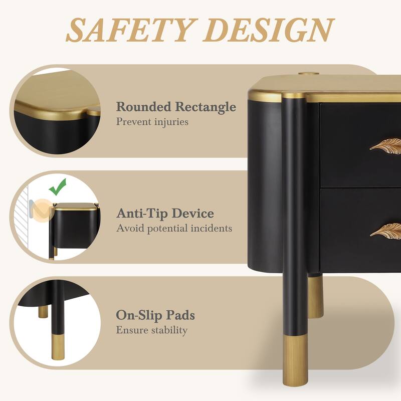 Contemporary 2-Drawer Nightstand - Curved Profile + Metal Feather Handles, Exposed Legs, Easy Assembly (Black) - Black