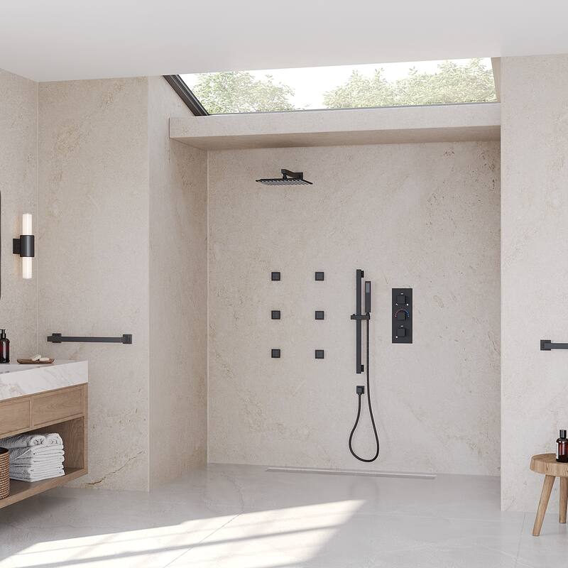 GRANDJOY Thermostatic Shower Faucet Set 12" Wall Mount Rainfall Shower Head Handheld Spray with Slide Bar Body Jets