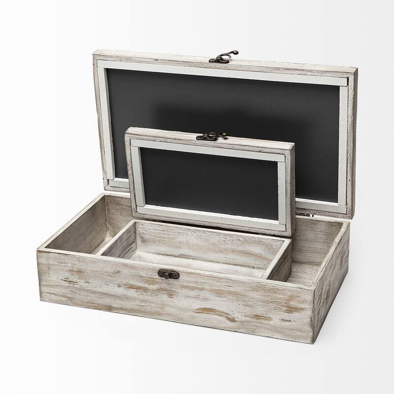 Set of Two Distressed White Wooden Boxes - 8"W x 14"D x 4"H