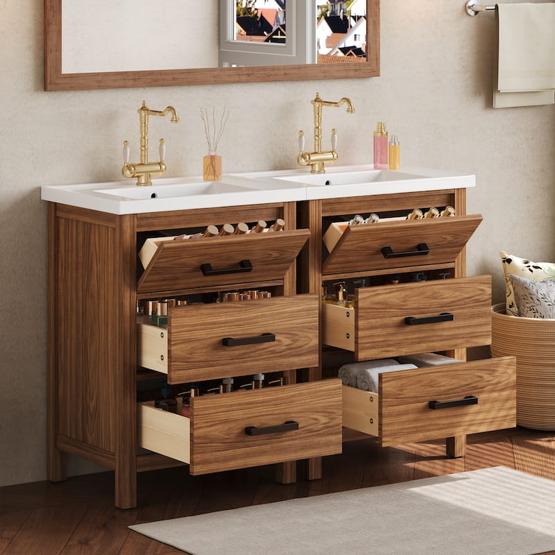 GDFStudio - Carrwood Modern Freestanding Double Bathroom Vanity Set with Single Ceramic Basin and Multi-Drawer Storage, Set of 2