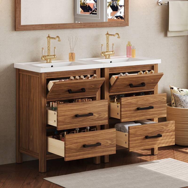 Roomfitters 48" Bathroom Vanity with Ceramic Sink, Freestanding Wood Storage Cabinet with Drawers, Natural Wood - Natural Wood