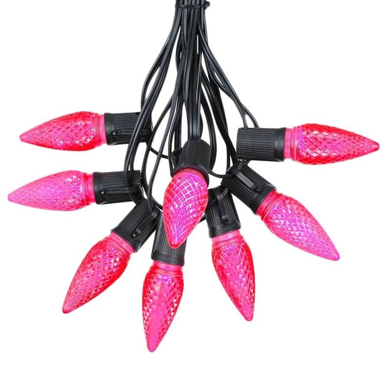 25 Foot C9 LED Christmas Light Set, Hanging String Lights, Black Wire - Pink