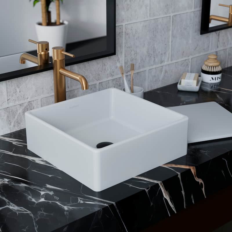 Karran Quattro QM175 Matte White Acrylic 15 in. Square Bathroom Vessel Sink