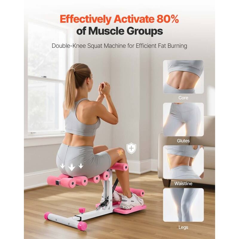 Pink-White Steel Dual-Knee Squat Machine with 3 Resistance Bands and Adjustable Seat - 31.5 x 15.7 x 29.9 in