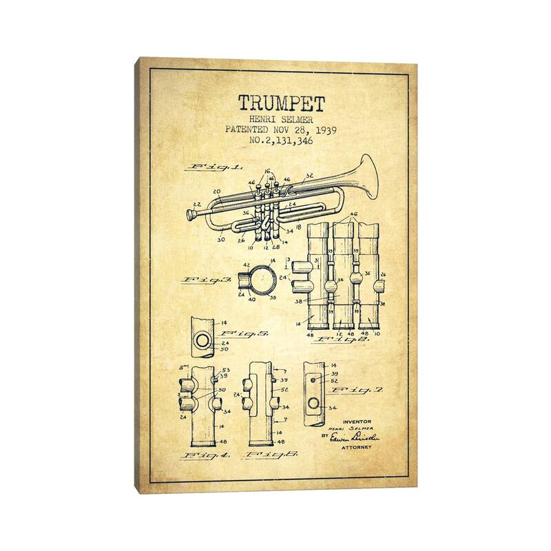 iCanvas "Trumpet Vintage Patent Blueprint" by Aged Pixel Canvas Print